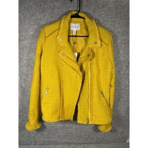 NWT Carolina Belle Montreal Yellow Tweed Frayed Trim Moto Jacket Full Zip US:L